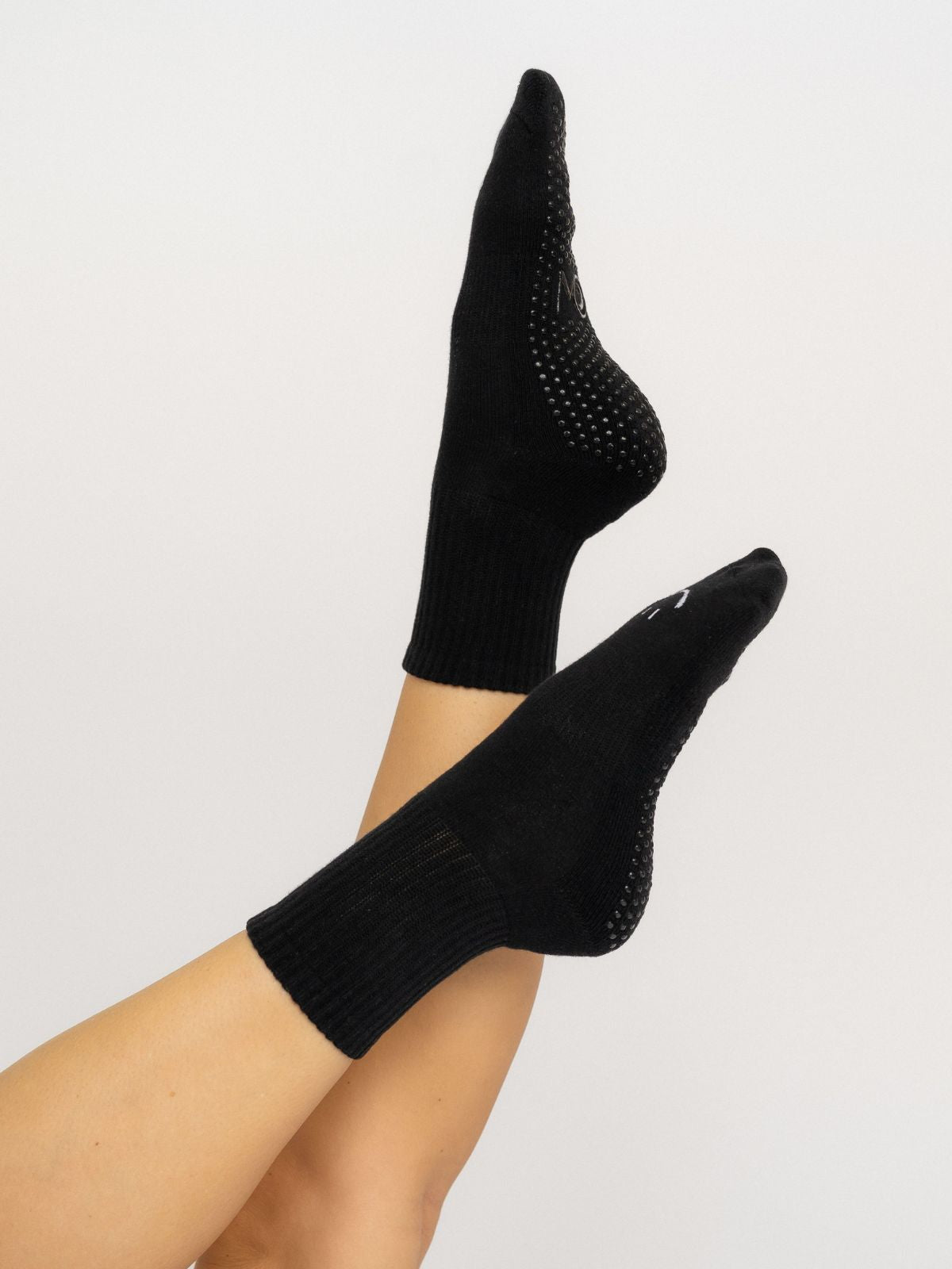 Cotton Pilates and yoga women's non-slip grip socks – black with white smile