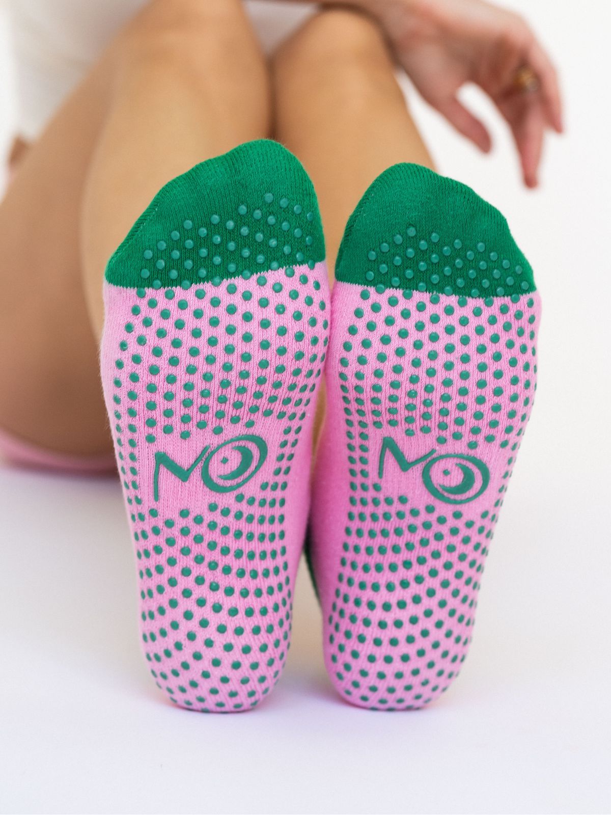 Pilates and yoga low rise cotton non-slip grip socks  – pink with green heart