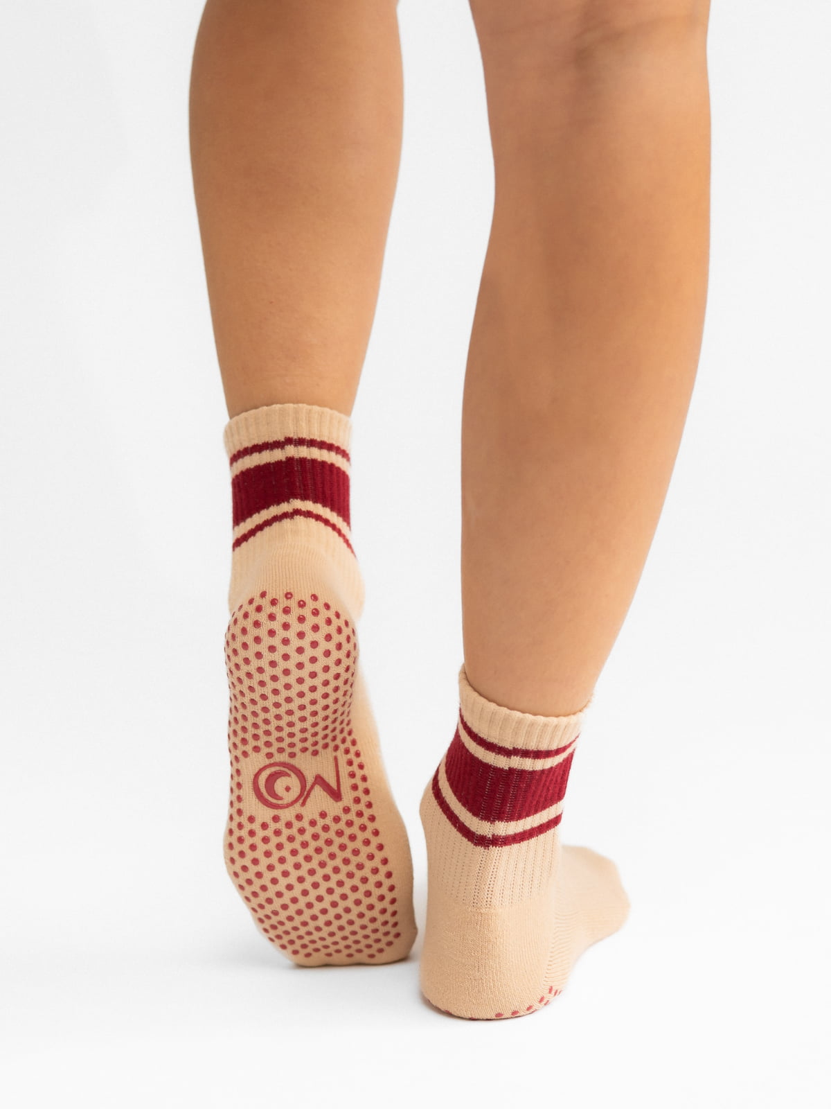Pilates and yoga Non-slip grip socks – almond color with red lines
