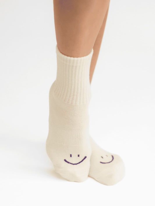 Women's non-slip grip socks for Pilates and yoga – yellow with purple smile